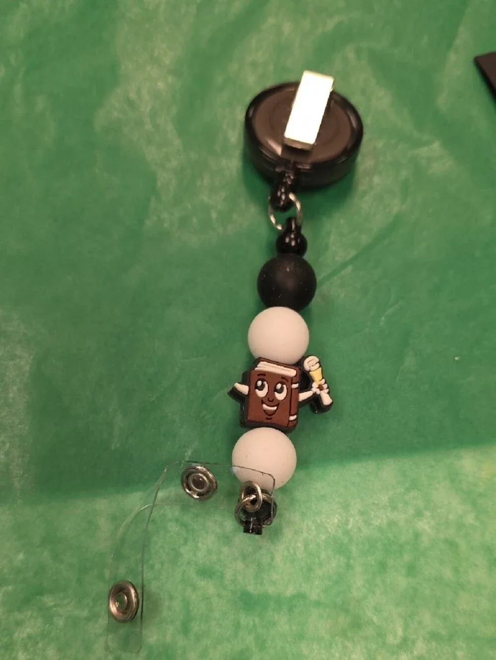 Black and White Beaded Retractable Badge Reel with Coffee Cup Charm